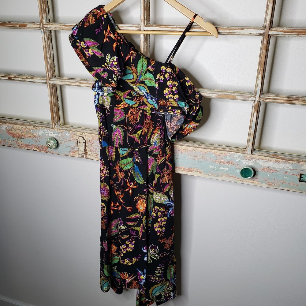 H & M Rainforest Floral Ruffle One Shoulder Viscose Dress size 6 - Picture 3 of 16